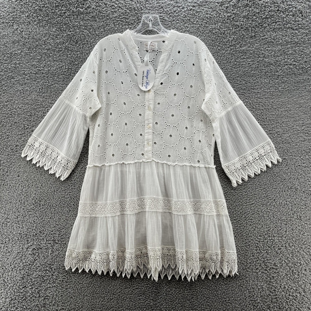 Vintage‎ Ibiza Dress Small White Eyelet Lace Boho Tunic Beach Cover Up